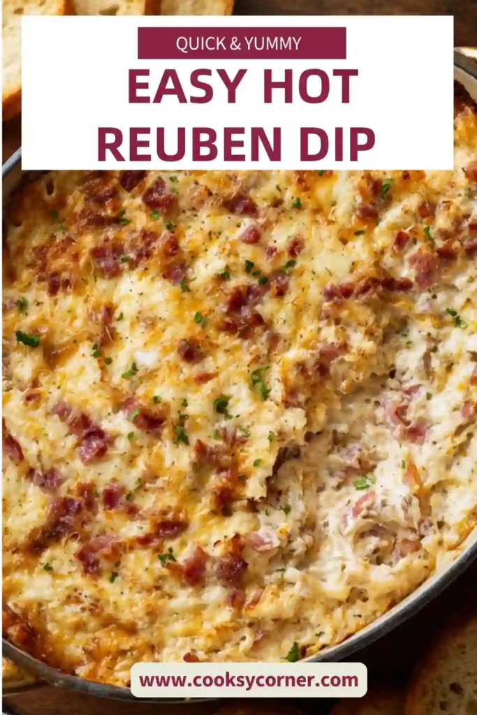 A baked Hot Reuben Dip with melted Swiss cheese and crispy golden top served in a skillet. The creamy texture and savory ingredients are visible.