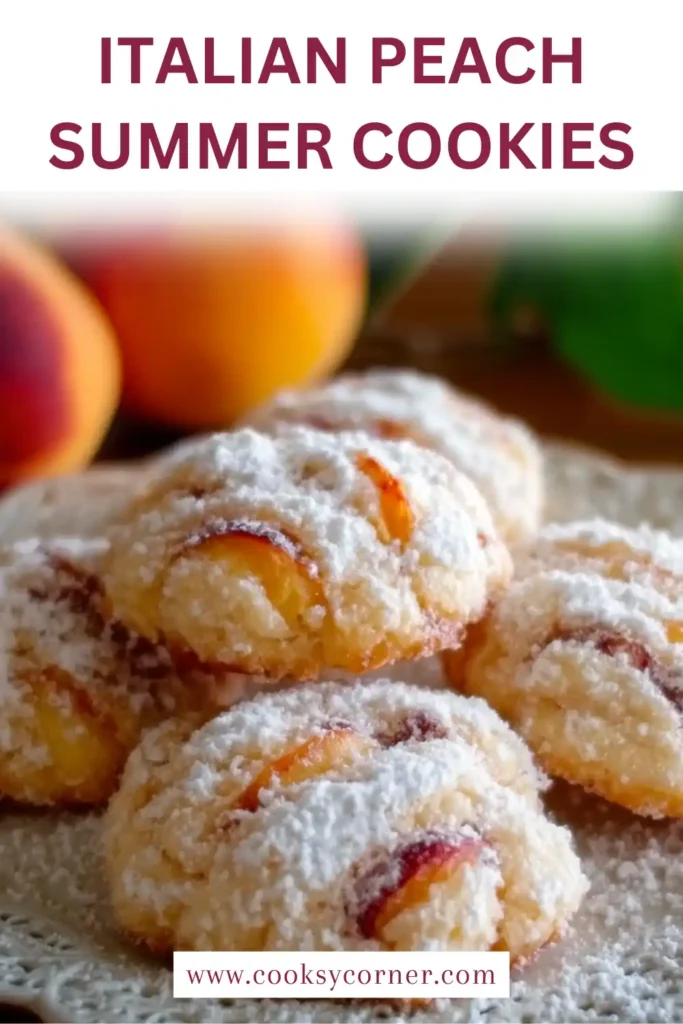 Freshly baked Italian Peach Summer Cookies arranged on a cooling rack with powdered sugar dusted on top. These soft peach cookies are made with ripe summer peaches and buttery dough.