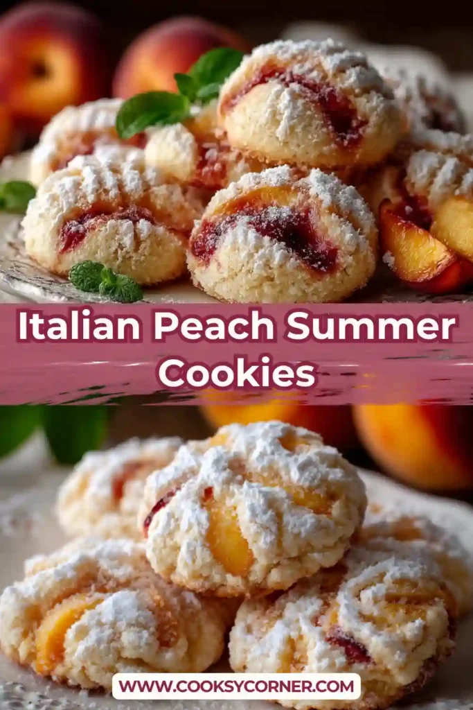 Close-up view of homemade Italian Peach Summer Cookies filled with juicy peach pieces and lightly coated with powdered sugar. A perfect fresh peach dessert for summer gatherings.