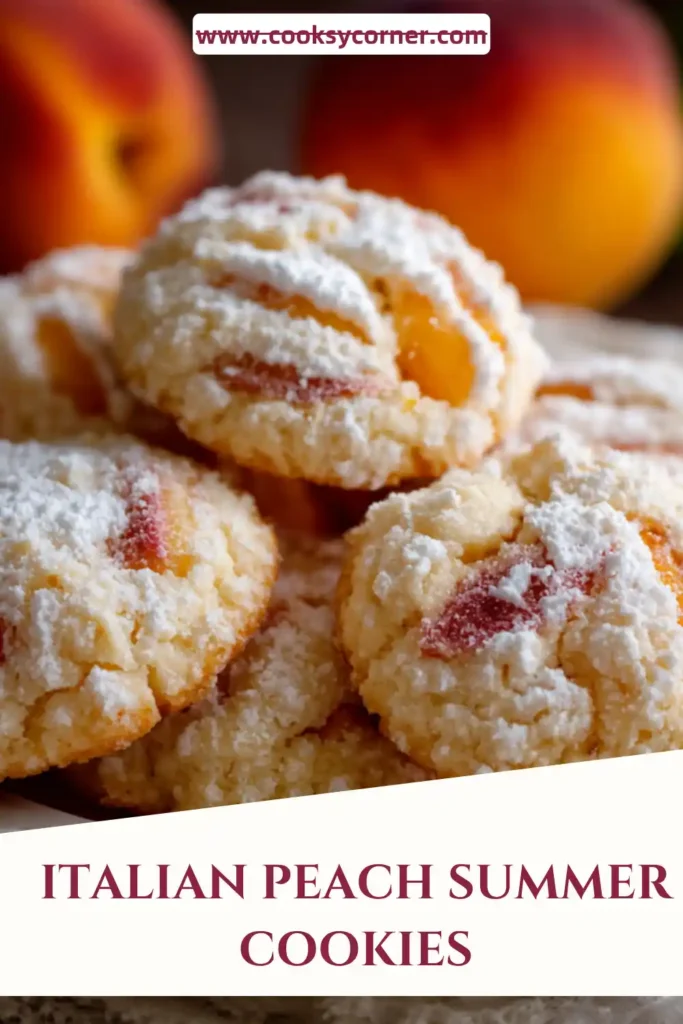 Soft Italian peach cookies served on a rustic plate with fresh peach slices nearby. These buttery summer cookies have a tender texture and sweet fruit flavor.