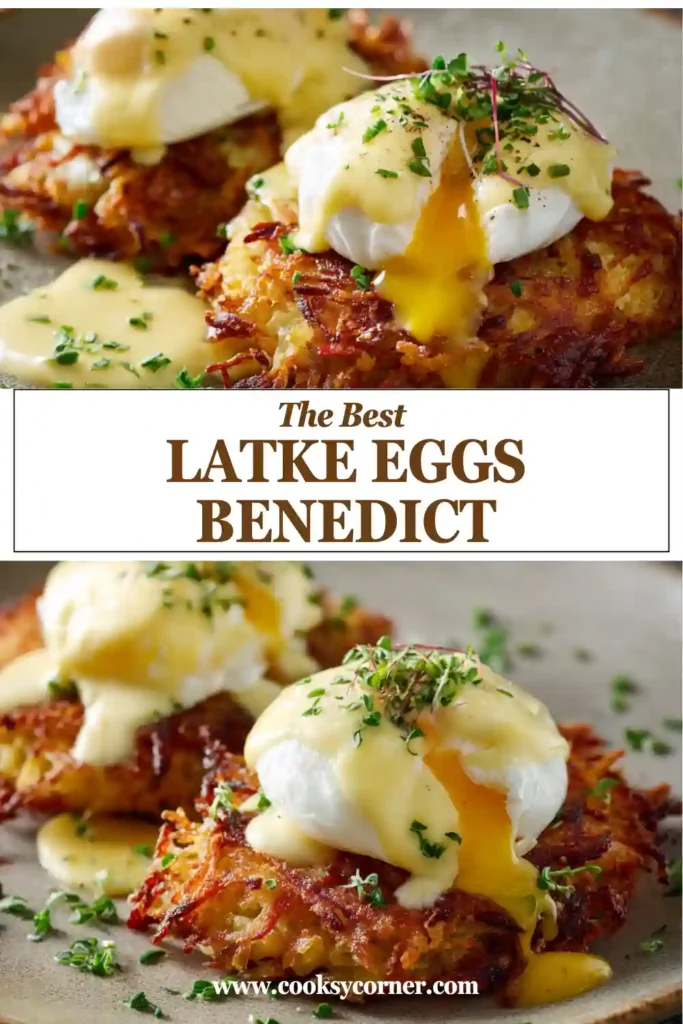 A plate of Latke Eggs Benedict featuring crispy potato pancakes, silky smoked salmon, and perfectly poached eggs. Fresh chives and red onion add color and flavor.