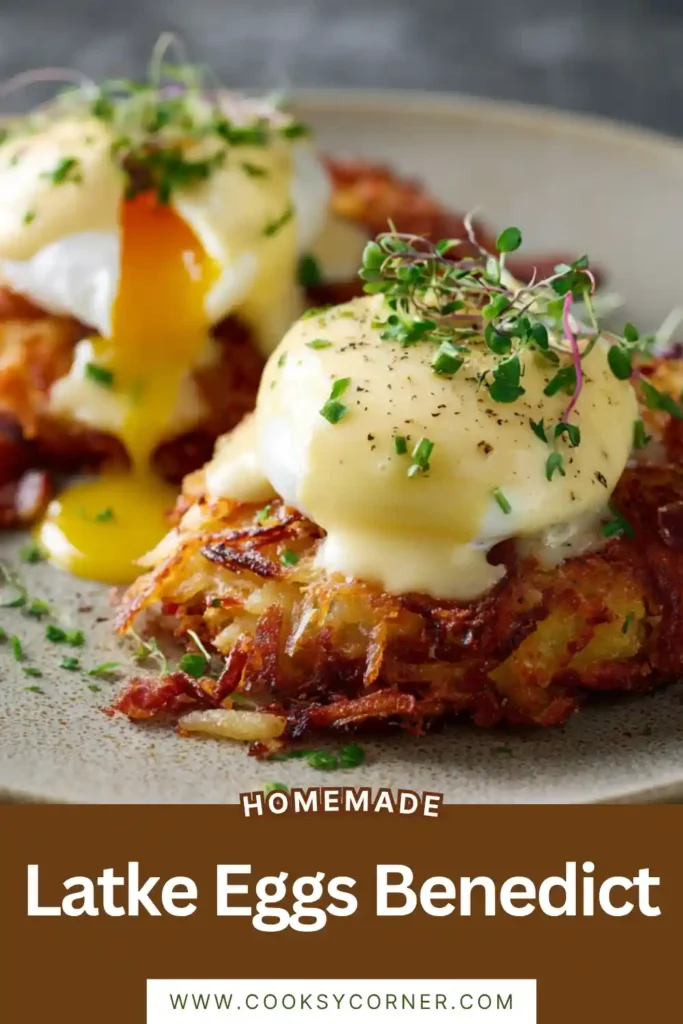 Homemade Latke Eggs Benedict served with rich hollandaise sauce and smoked salmon. This gourmet brunch dish combines classic Eggs Benedict flavors with crispy latkes.