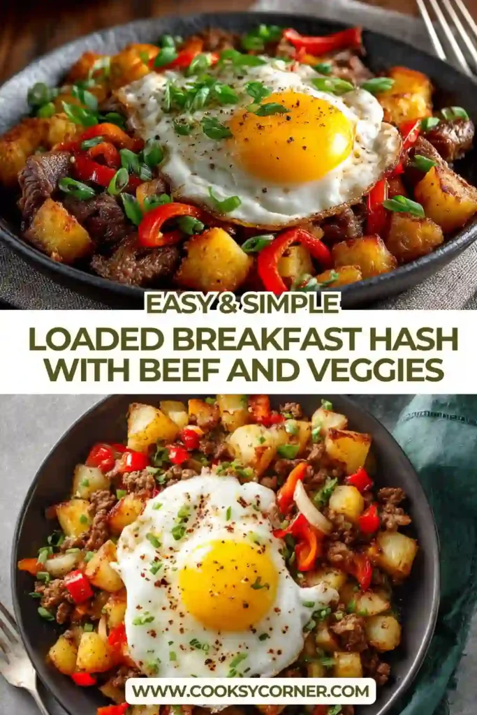 Crispy potato breakfast hash topped with eggs, cheddar cheese, bell peppers, and savory beef in a cast iron skillet. Flavorful and filling breakfast recipe.
