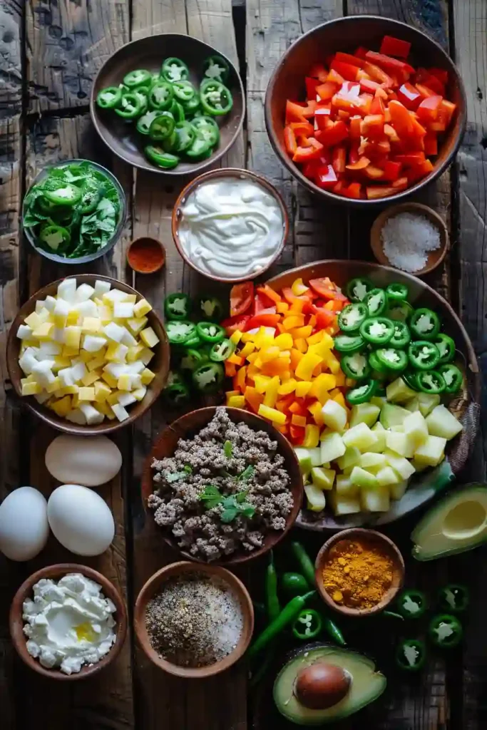 Easy breakfast hash recipe featuring crispy potatoes, ground beef, peppers, onions, and melted cheese topped with eggs. Ideal for family breakfast or weekend brunch.