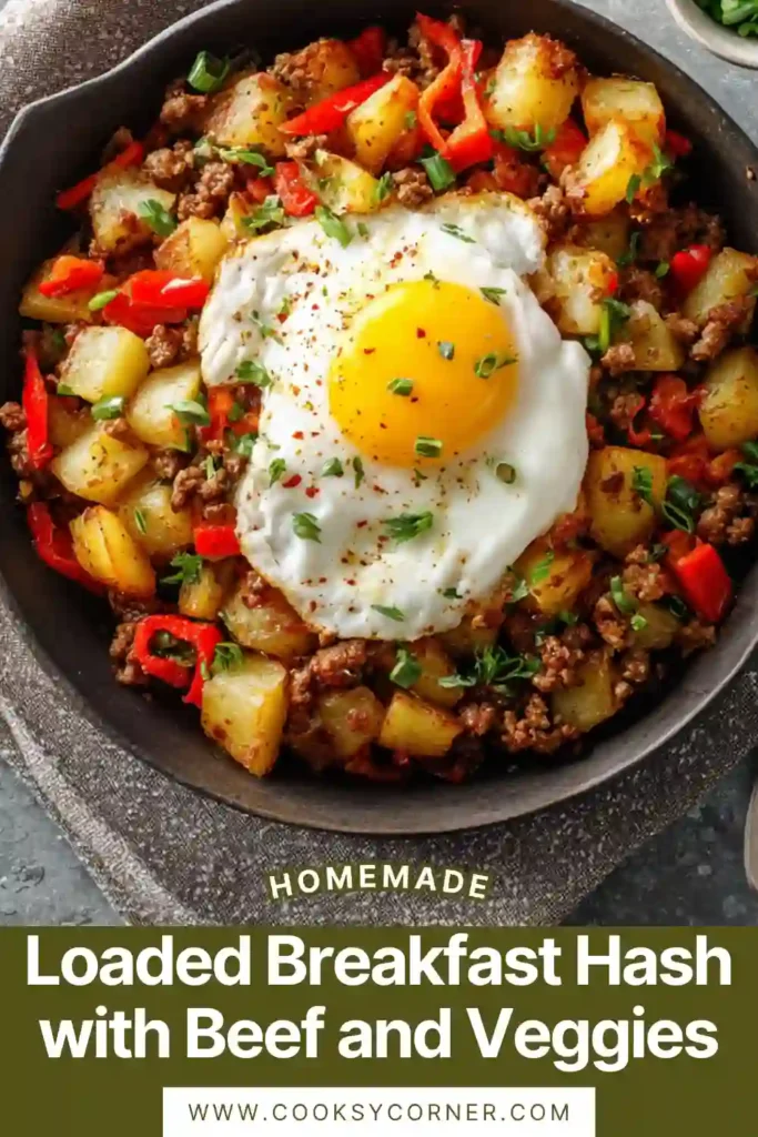Loaded Breakfast Hash served in a skillet with crispy potatoes, seasoned ground beef, fried eggs, melted cheese, and fresh green onions. A hearty homemade breakfast skillet perfect for brunch.