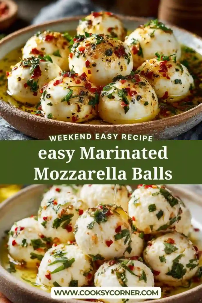 Creamy Marinated Mozzarella Balls topped with chopped herbs and red pepper flakes. This herb marinated mozzarella recipe is perfect for entertaining.