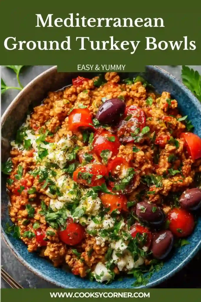 Mediterranean Ground Turkey Bowls served with quinoa, cherry tomatoes, cucumber, feta cheese, and Kalamata olives in a colorful healthy dinner bowl. The lemon herb dressing adds fresh Mediterranean flavor.