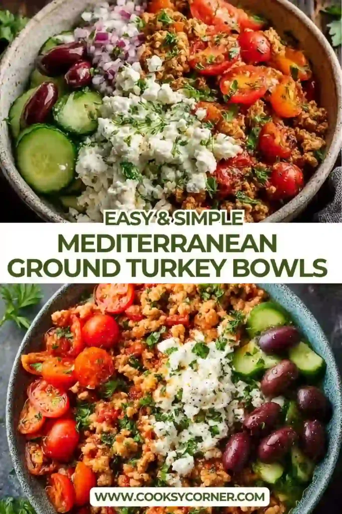 Healthy Mediterranean Ground Turkey Bowls topped with seasoned turkey, fluffy quinoa, fresh vegetables, and crumbled feta cheese. This easy meal prep recipe is bright, hearty, and protein-packed.