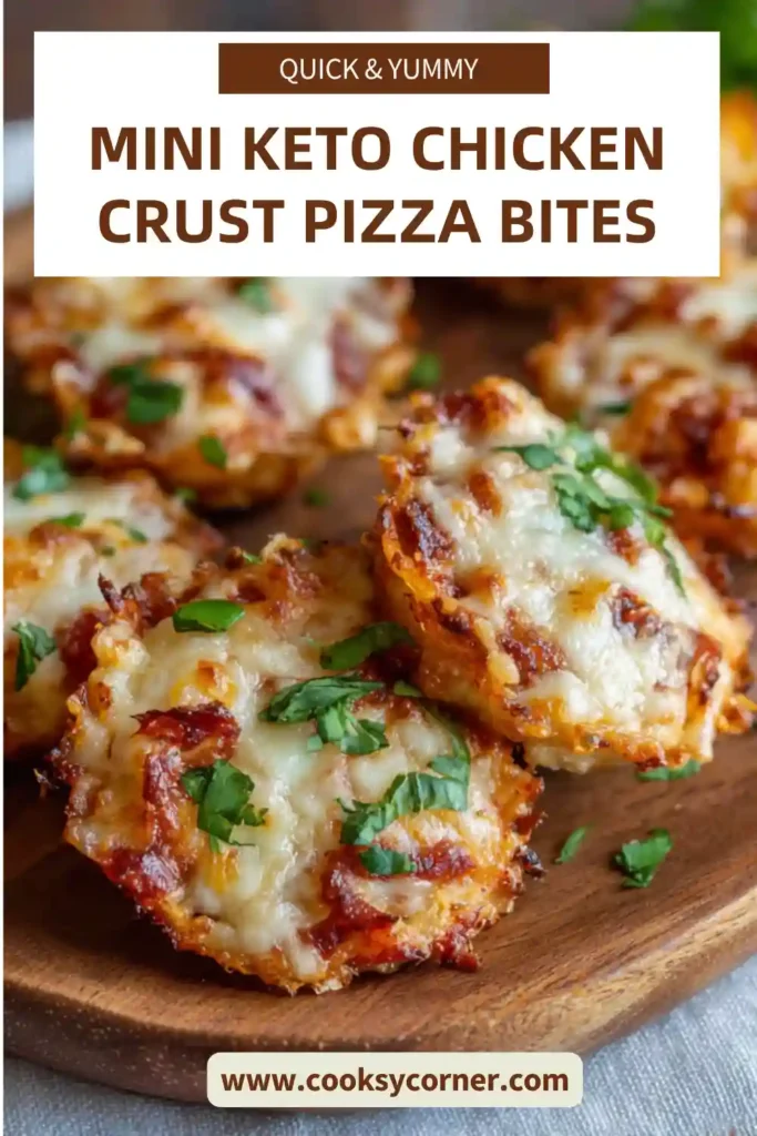 Freshly baked keto pizza bites with golden melted cheese and basil garnish served on a wooden board.