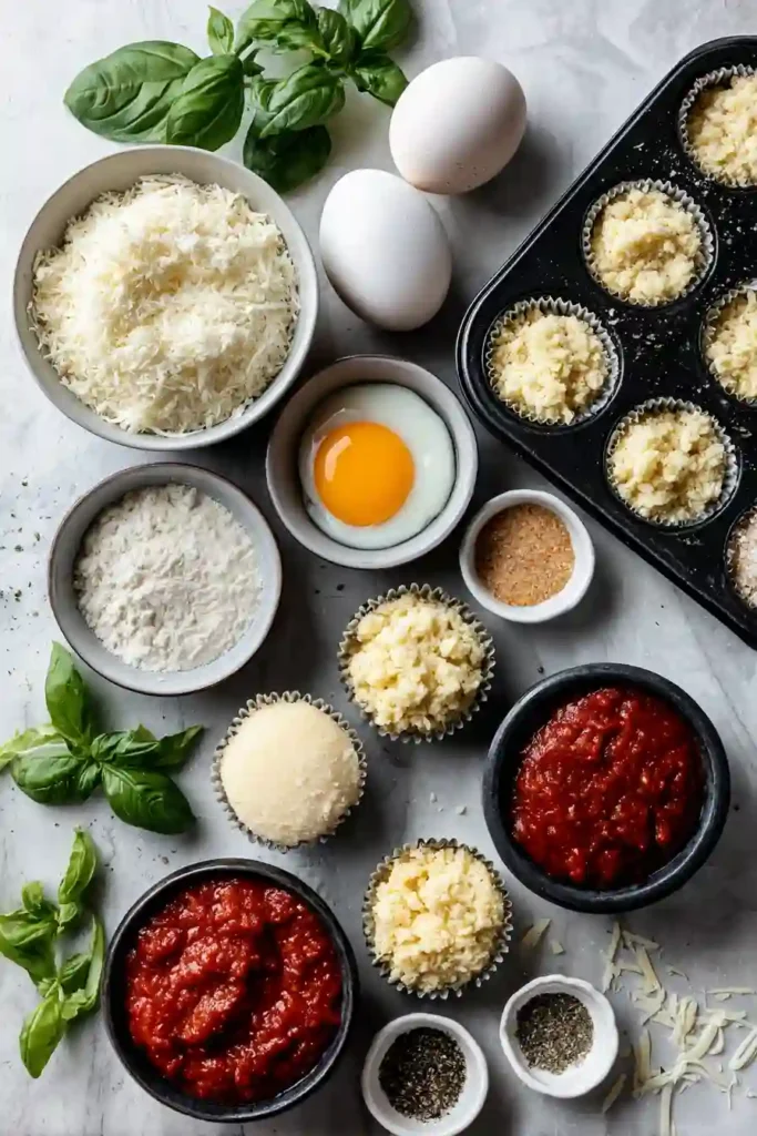 Homemade keto chicken pizza bites baked in a muffin tin and topped with basil leaves.