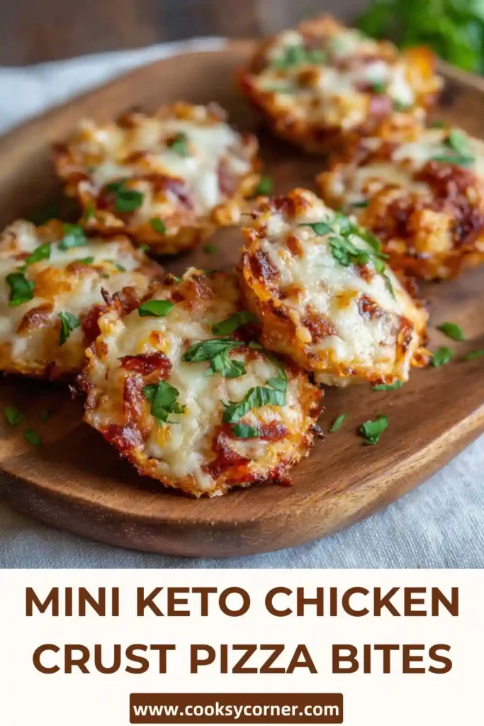 Close-up of chicken crust pizza bites showing layers of melted mozzarella and marinara sauce.