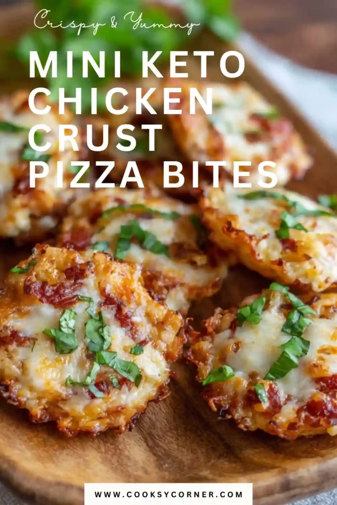 Mini Keto Chicken Crust Pizza Bites topped with marinara sauce, melted mozzarella cheese, and fresh basil arranged on a serving platter.