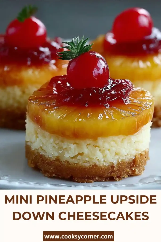 Mini Pineapple Upside Down Cheesecakes topped with caramelized pineapple and served on a white dessert plate. The creamy cheesecake filling and buttery graham crust create a rich tropical dessert.