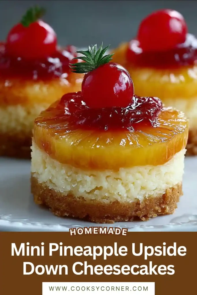 Individual pineapple upside down cheesecakes with golden pineapple chunks and creamy cheesecake centers. These mini cheesecakes are chilled and ready for serving.