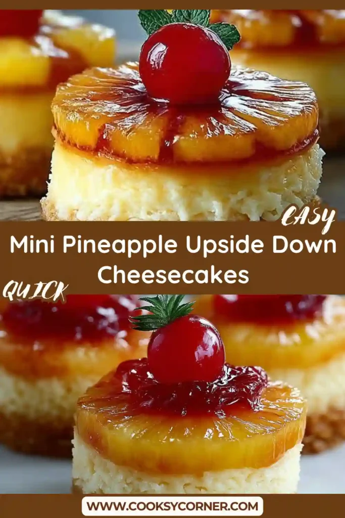 Close-up view of Mini Pineapple Upside Down Cheesecakes garnished with whipped cream and toasted coconut. The dessert features a smooth cheesecake texture and sweet pineapple topping.