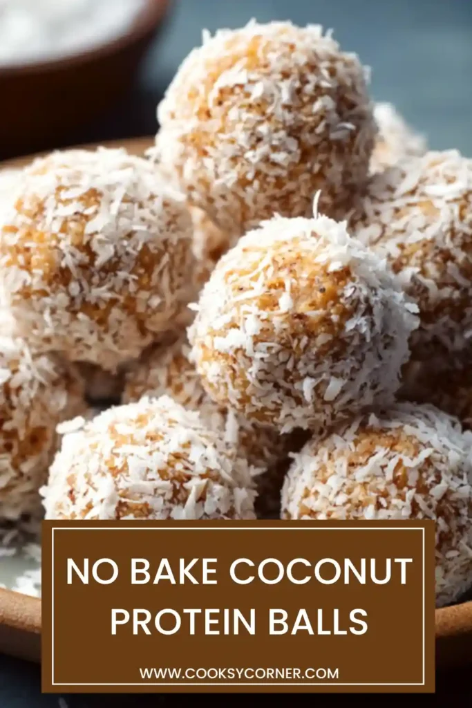 Close-up of chocolate coconut protein balls made with Medjool dates, almonds, and protein powder. The soft no bake snack is naturally sweetened and packed with protein.