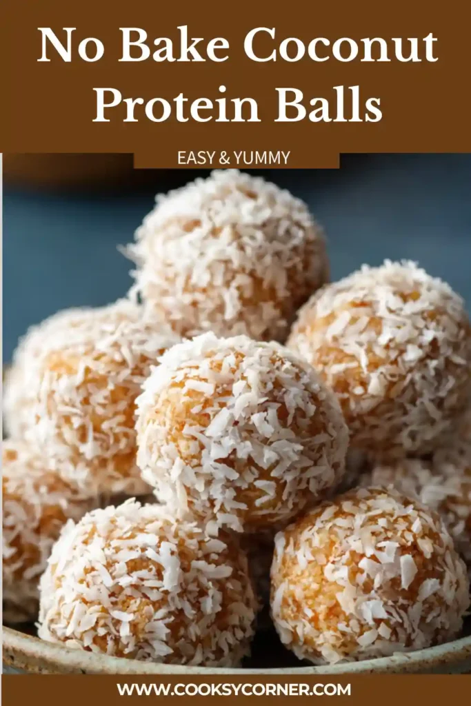 A plate of No Bake Coconut Protein Balls coated in unsweetened coconut flakes with visible chocolate chips and a soft chewy texture. These healthy protein bites are made with dates, almonds, cacao, and whey protein powder.