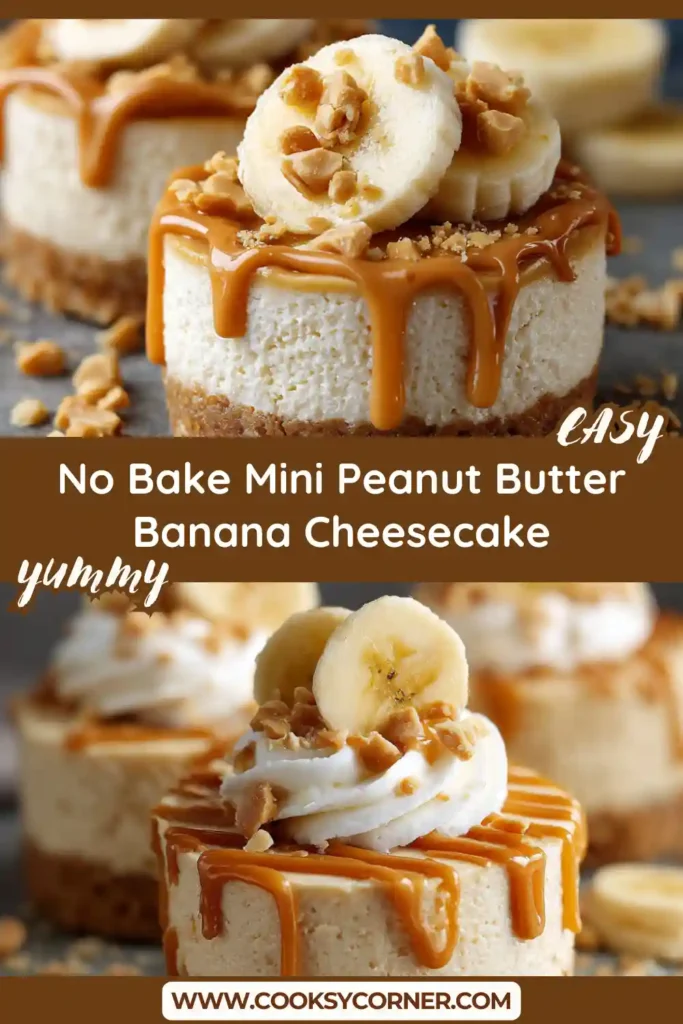 Mini no-bake peanut butter banana cheesecakes topped with whipped cream and banana slices on a serving tray. The creamy cheesecake filling sits on a buttery graham cracker crust.
