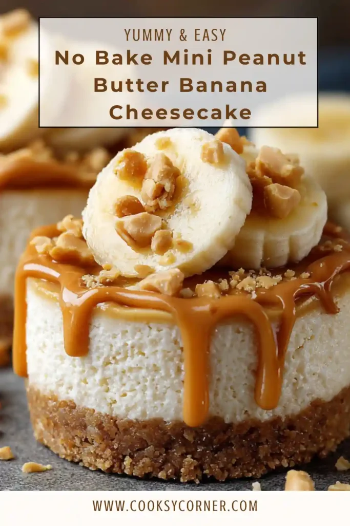 Homemade mini peanut butter banana cheesecakes chilled and ready to serve. Each cheesecake features smooth peanut butter filling layered with banana slices.
