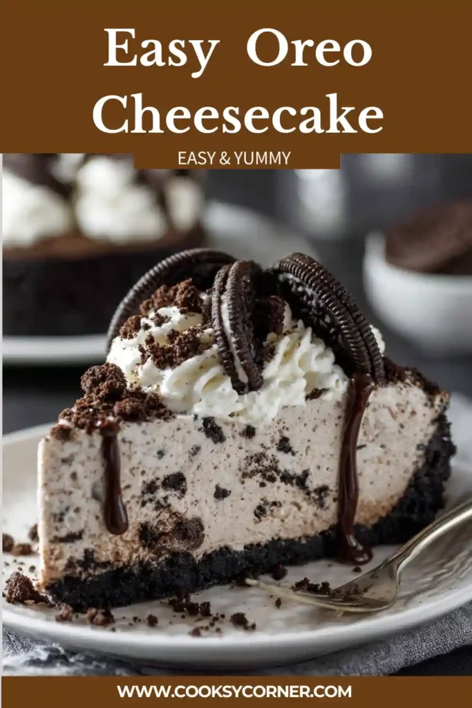 A creamy No Bake Oreo Cheesecake topped with whipped cream swirls and Oreo cookie halves on a chocolate cookie crust. This chilled cookies and cream dessert has a rich and fluffy texture.