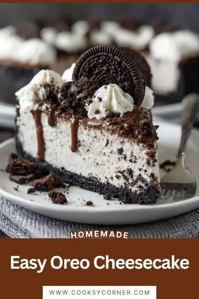 Close-up of a homemade No Bake Oreo Cheesecake with crushed Oreo topping and smooth cheesecake filling. The easy dessert features layers of cookies and cream flavor.