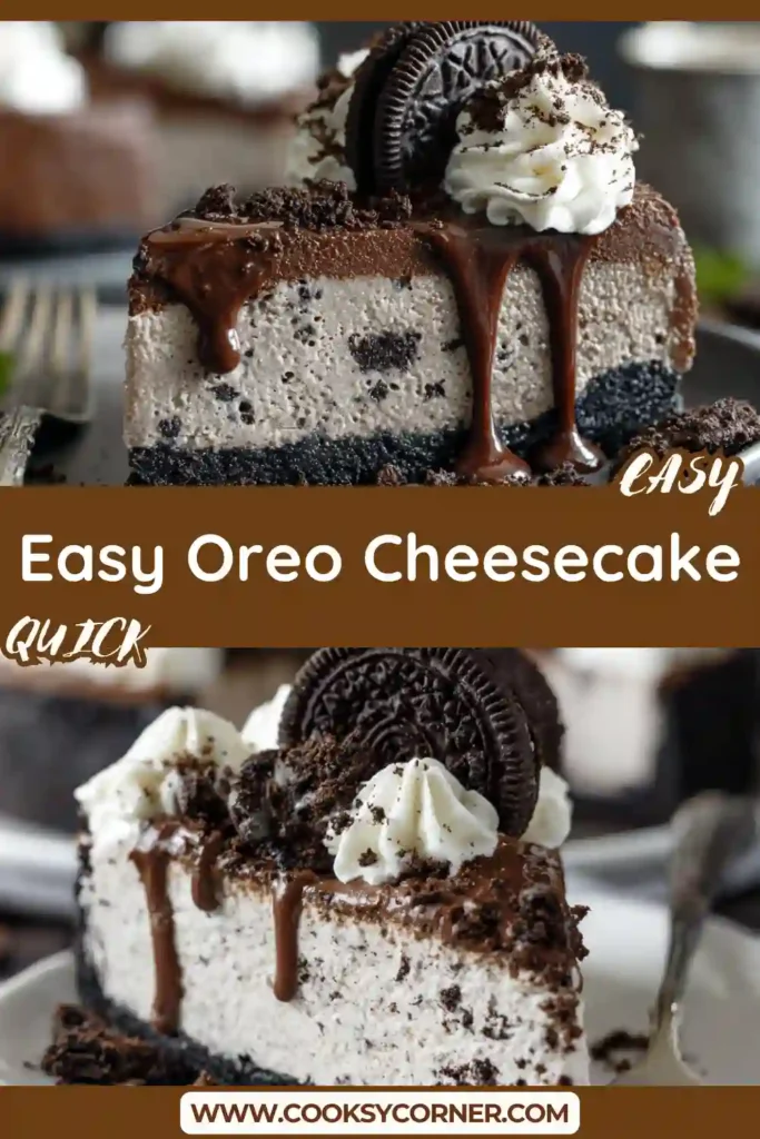 Slice of No Bake Oreo Cheesecake served on a white plate with Oreo crumbs and whipped cream. This creamy no bake dessert is perfect for parties and holidays.
