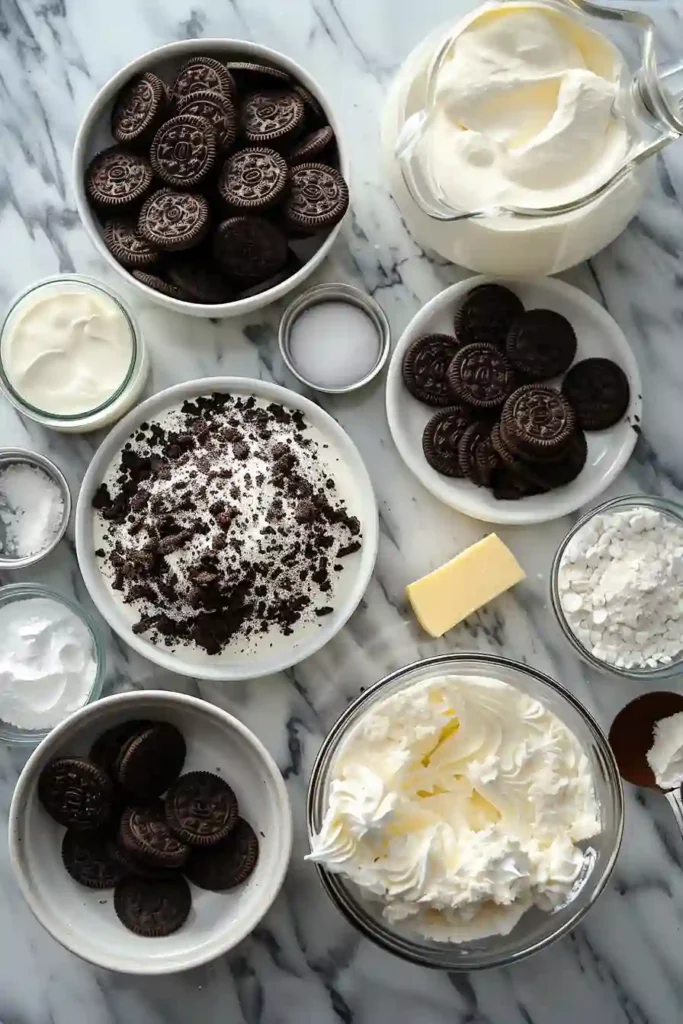 Rich No Bake Oreo Cheesecake with a crunchy Oreo crust and creamy cheesecake center topped with chocolate cookie pieces. The chilled dessert looks smooth and decadent.