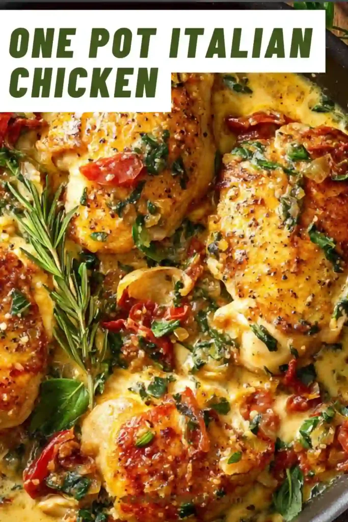 One pan chicken recipe with sun-dried tomatoes and cream sauce, served hot.
