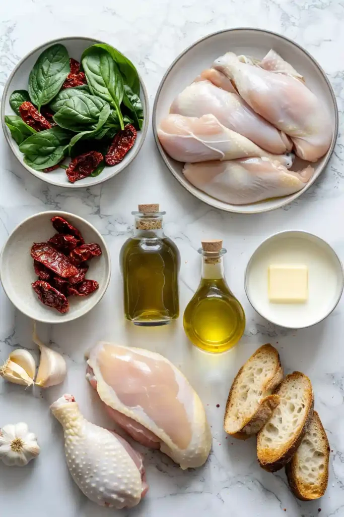 Homemade one pot Italian chicken dish garnished with basil and served with crusty bread.