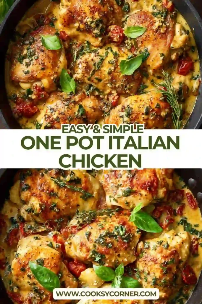 Close-up of Italian chicken in creamy sauce with fresh basil and wilted spinach.
