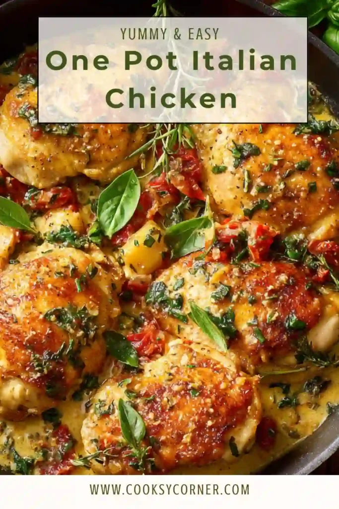 Creamy one pot Italian chicken served in a skillet with spinach and sun-dried tomatoes in a rich sauce.