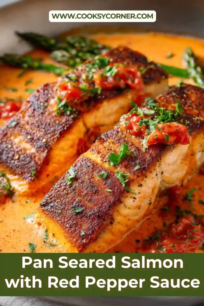 Pan Seared Salmon with Red Pepper Sauce served in a skillet with creamy parmesan sauce and fresh parsley garnish. The salmon fillets are golden and crispy with a rich roasted red pepper cream sauce.