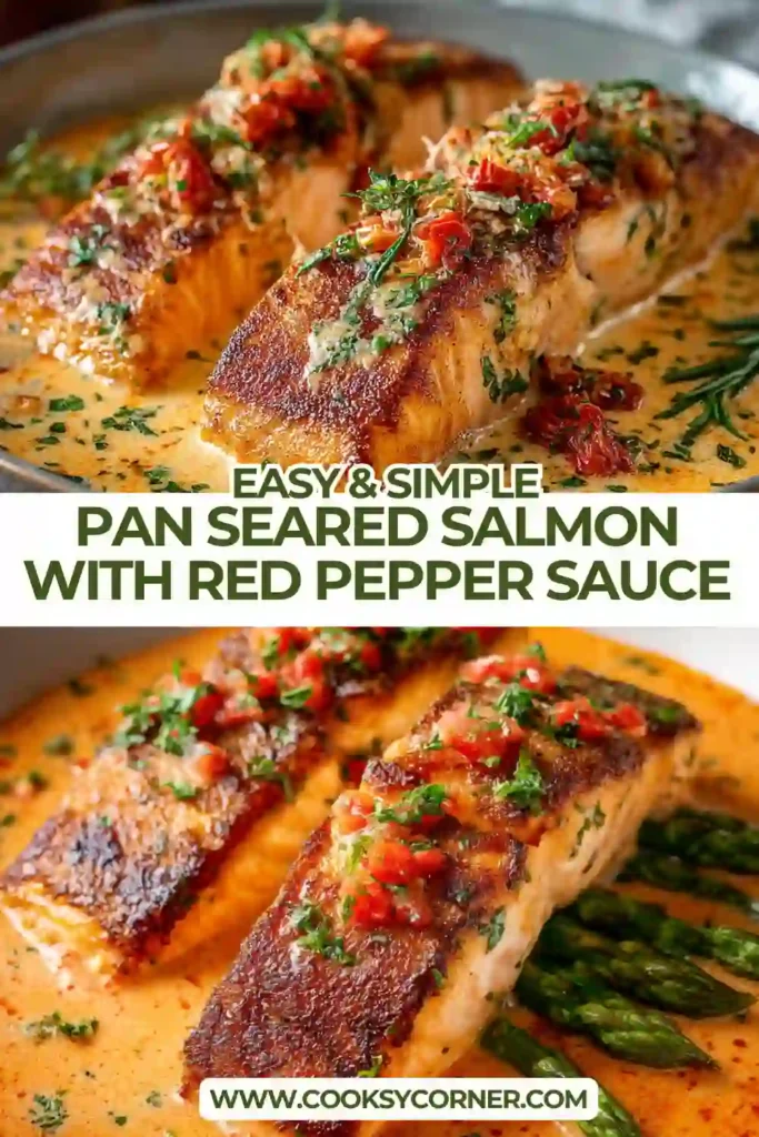 Crispy pan seared salmon fillets topped with creamy roasted red pepper parmesan sauce in a cast iron skillet. This easy salmon dinner looks rich, savory, and comforting.
