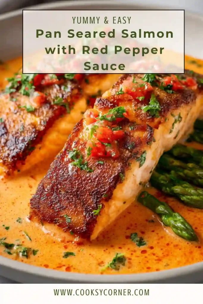 Close-up of Pan Seared Salmon with Red Pepper Sauce garnished with parsley and parmesan cheese. The creamy garlic sauce perfectly coats the flaky salmon fillets.