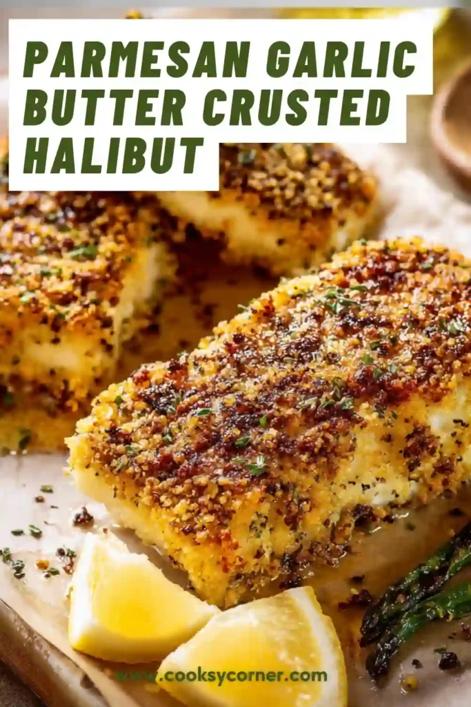 Crispy baked halibut fillets coated in parmesan cheese, garlic butter, and seasoned breadcrumbs. This oven baked seafood dinner is golden brown and perfectly flaky.