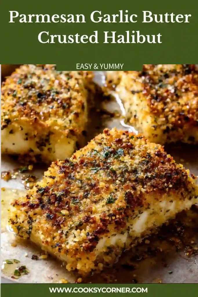 Golden Parmesan Garlic Butter Crusted Halibut served fresh from the oven with crispy panko topping and lemon wedges. The flaky baked fish has a rich buttery texture and savory herb crust.