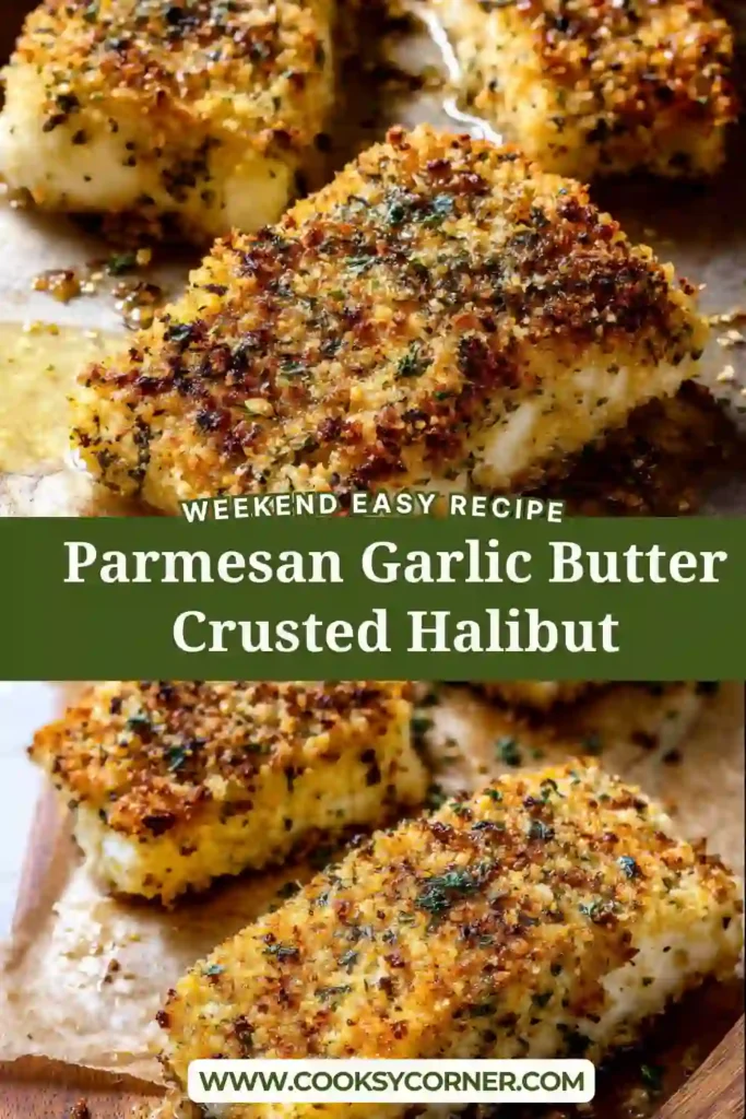 Parmesan Garlic Butter Crusted Halibut plated with fresh lemon and herbs for an easy seafood dinner. The crunchy parmesan crust adds rich flavor and texture.