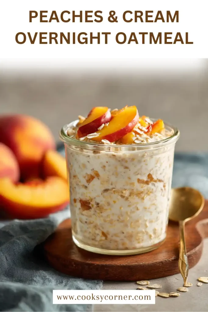 Vegan overnight oatmeal with peach pieces and creamy oat base served chilled.
