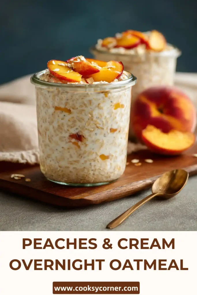 Healthy peach overnight oats topped with diced peaches and chia seeds in a mason jar.