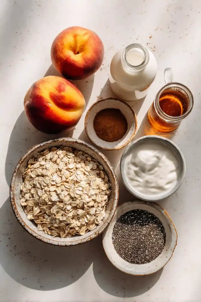Jar of peaches and cream overnight oatmeal garnished with fresh peaches and cinnamon.