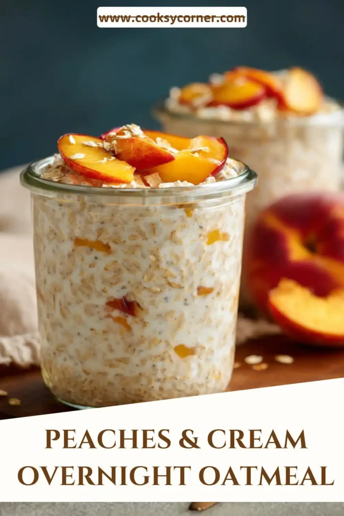 Peaches & Cream Overnight Oatmeal served in a glass jar with fresh peach slices and creamy oat mixture.