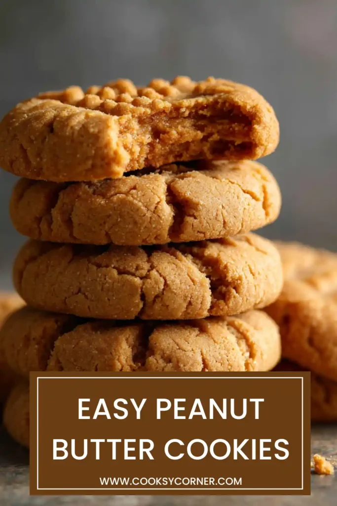 Close-up of chewy peanut butter cookies made with only peanut butter, sugar, and egg. The cookies have crisp edges, soft centers, and a homemade bakery-style appearance.