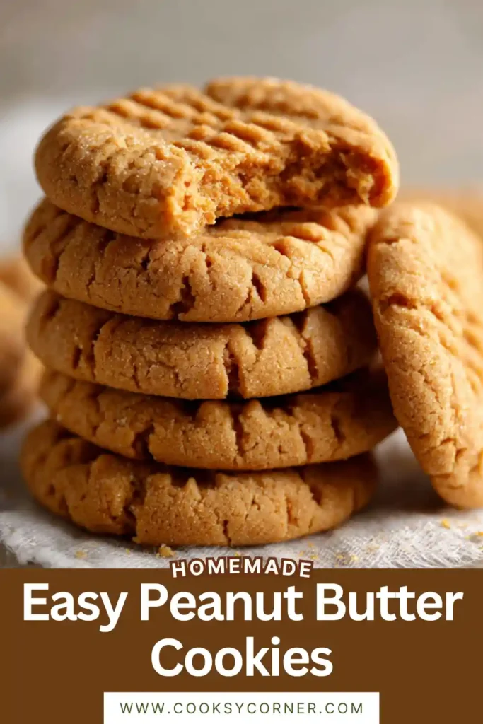 Homemade flourless peanut butter cookies stacked on a plate with soft chewy texture and golden brown crosshatch tops. This easy cookie recipe is simple and comforting.