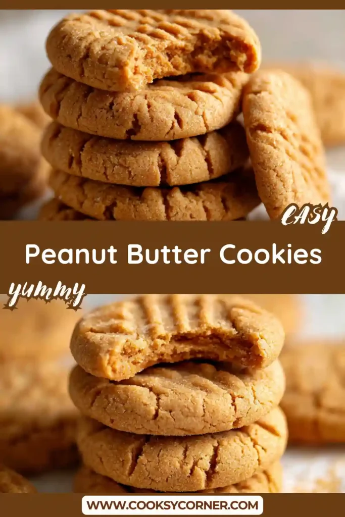 Freshly baked Chewy 3-Ingredient Peanut Butter Cookies cooling on a baking sheet with classic fork marks and golden edges. These soft homemade cookies are rich, chewy, and easy to make.