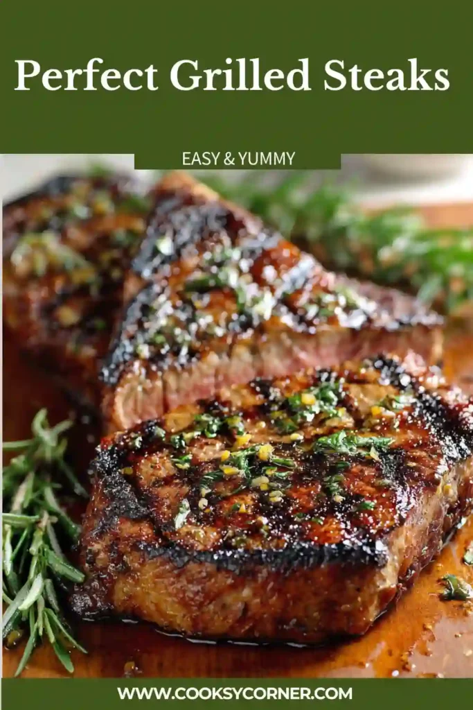 A thick grilled ribeye steak sliced on a wooden cutting board after resting. The steak features a deep charred crust and juicy pink center, showcasing the Perfect Grilled Steaks Recipe.