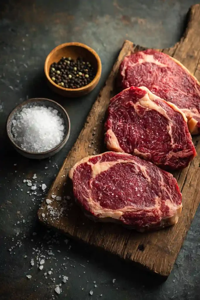 Close-up of a perfectly cooked ribeye steak resting before serving. The steak displays a rich seared exterior and tender center.