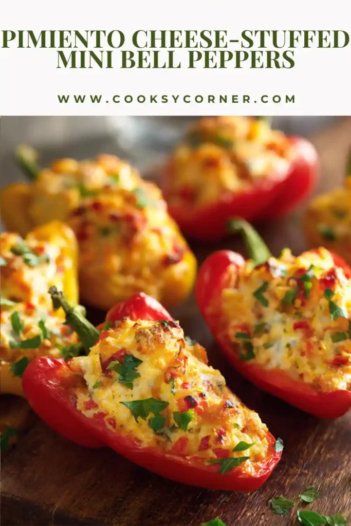 Close-up of mini bell peppers stuffed with creamy pimiento cheese filling and garnished with herbs. A simple no-cook appetizer idea for entertaining.