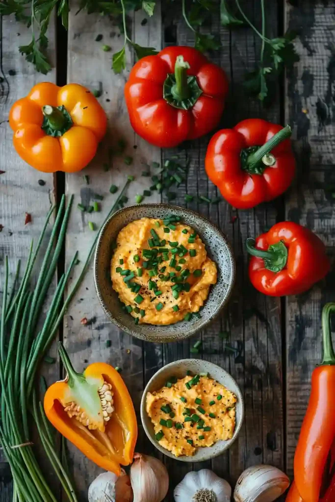 Bright red, yellow, and orange mini bell peppers filled with rich pimiento cheese spread. This vegetarian appetizer is colorful, crunchy, and delicious.