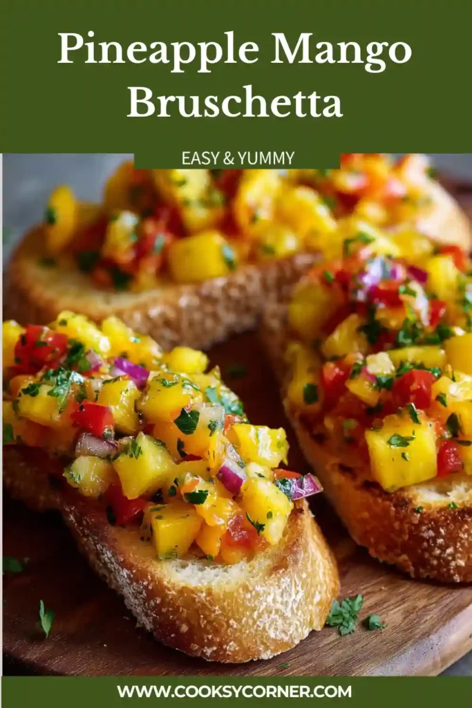 A plate of Pineapple Mango Bruschetta topped with grilled pineapple, fresh mango, cilantro, and red onion on crispy toasted baguette slices. This tropical appetizer looks colorful, fresh, and vibrant.
