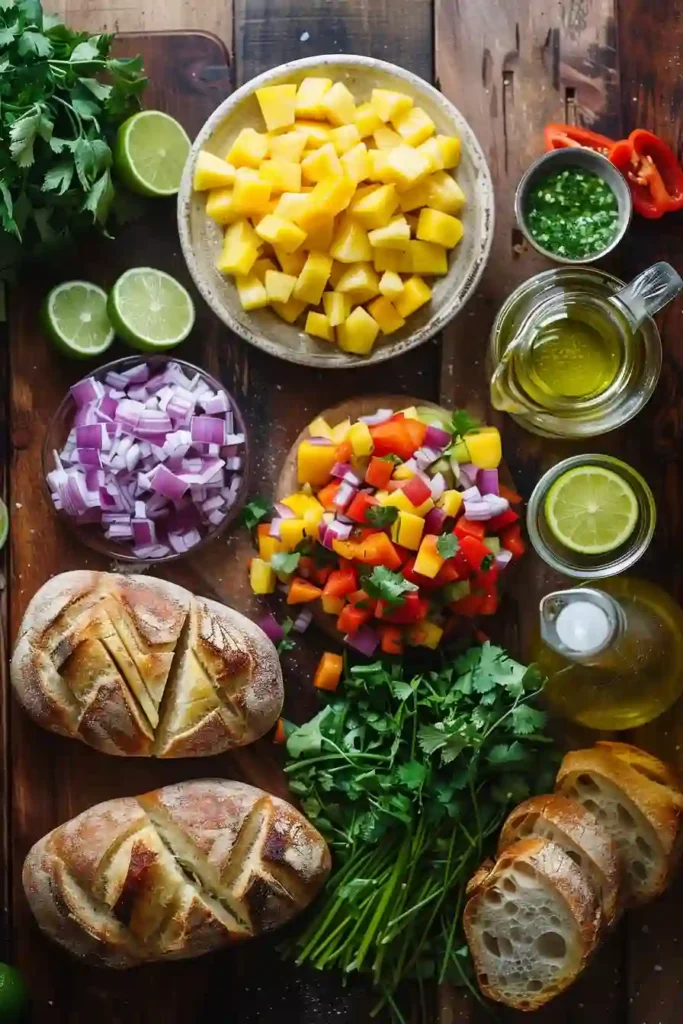 Close-up of tropical bruschetta featuring grilled pineapple, juicy mango, and fresh cilantro over crunchy bread slices. A colorful and easy summer appetizer recipe.